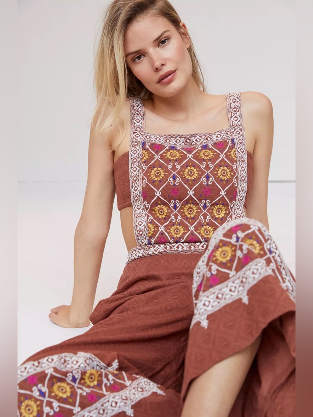 Anthropologie Embroidered Wide-Leg Jumpsuit Brown XS Boho Cut Out Beach Festival